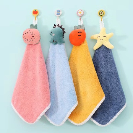 Khăn lau tay hình thú 30cm siêu thấm nước - khăn bếp hoạt hình trái cây có móc treo