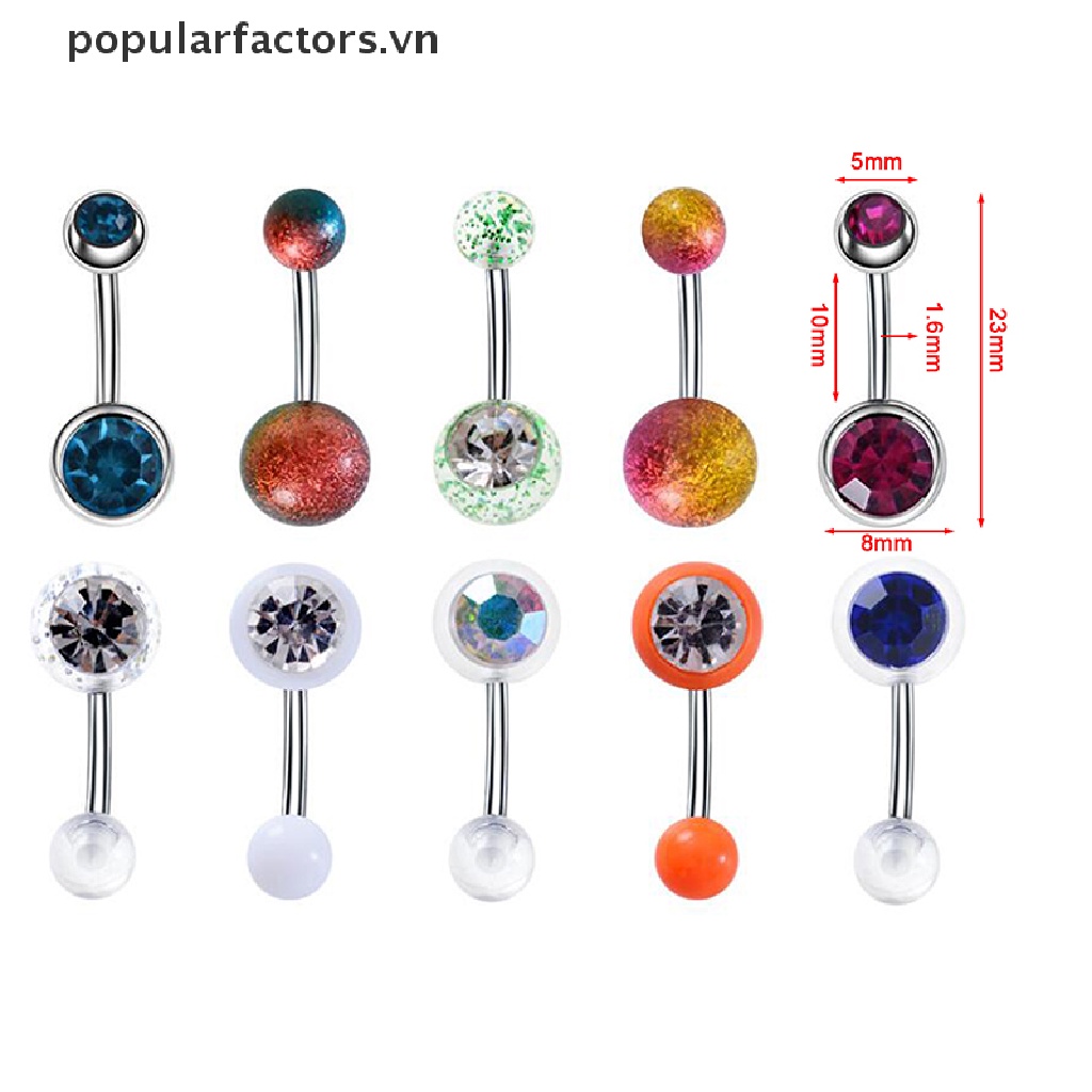 Set 10 khuyên rốn đính đá 14g nhiều màu sắc cá tính