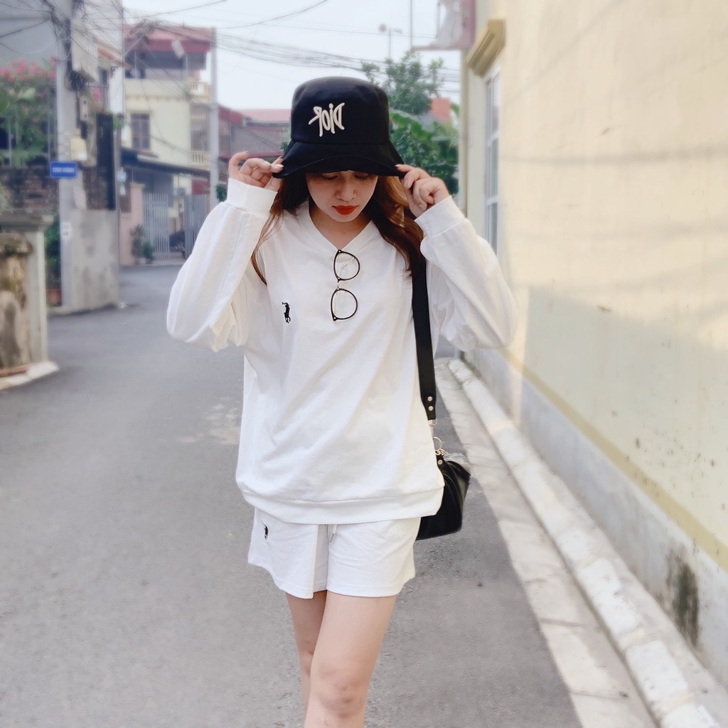 Set áo thun dài tay thêu ngựa mix quần đùi cạp chun / Bộ thun dáng xuông basic A1301N Nhung Nhớ