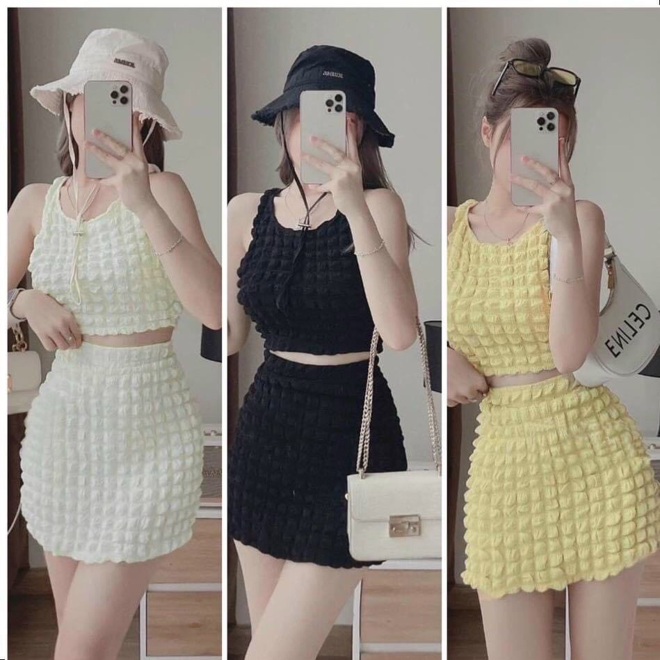 sét bộ xốp áo ba lỗ phối chân váy có lót trong hott
