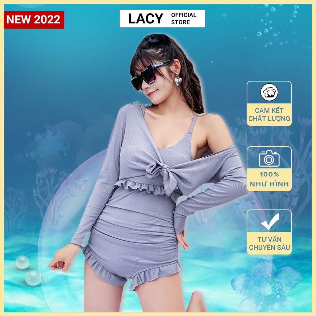 Bikini nữ đi tắm biển set 2 chi tiết bộ bơi liền thân phối viền xếp ly có đệm ngực và áo cardigan khoác ngoài B161 LACY