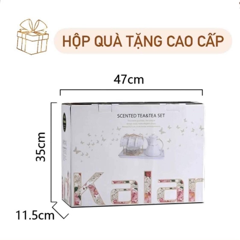 Bộ ấm chén công chúa Kalandi sứ xương kèm khay ♥️𝘾𝘼𝙊 𝘾𝘼̂́𝙋♥️  Bộ tách trà sứ xương phong cách hoàng gia có đế hâm nóng