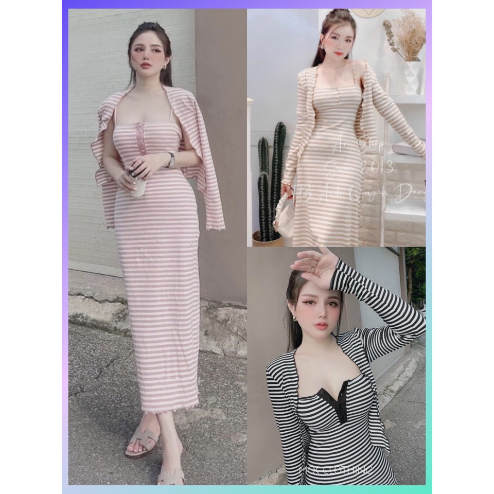 Set đầm body 2 dây kẻ sọc phối nút cài ngực Form dài chất thun co giãn + Áo khoác dài tay