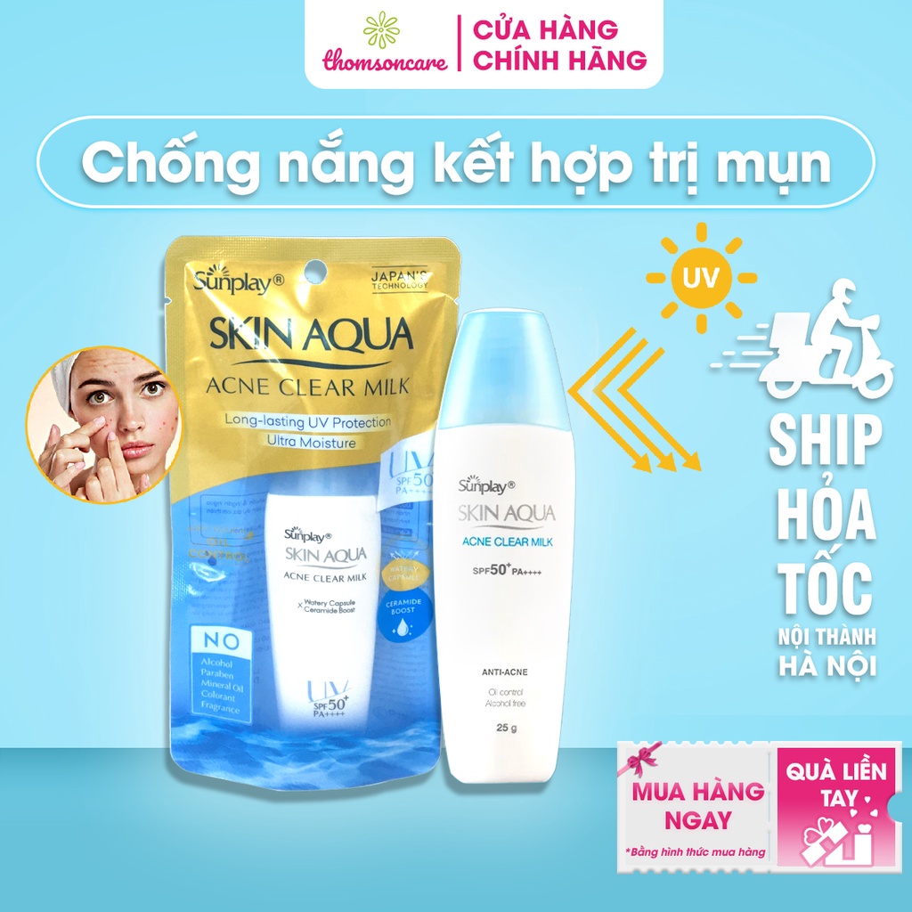 Sữa chống nắng dưỡng da ngừa mụn Sunplay Skin Aqua Acne Clear Milk cho da mụn dầu tuýp 25g