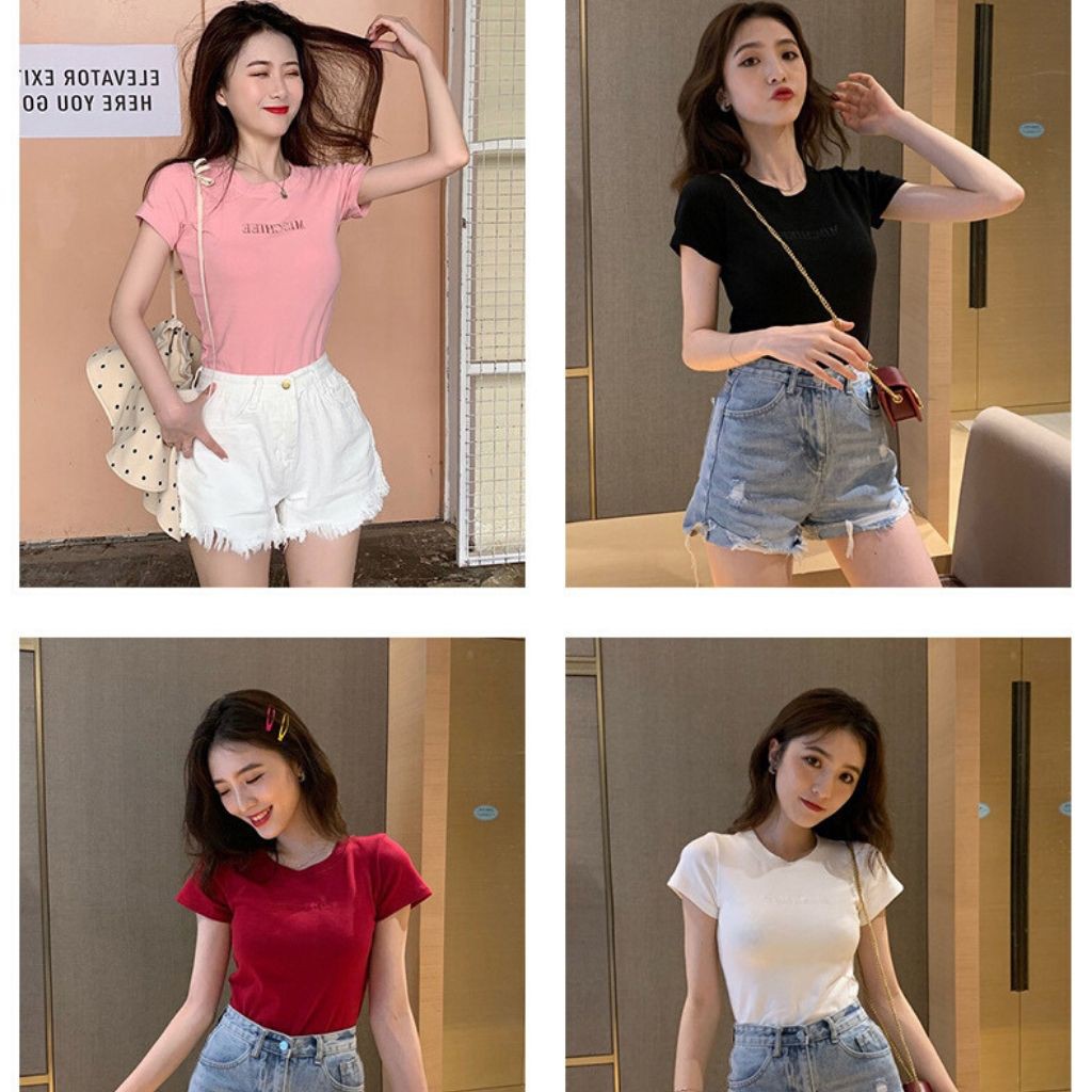 Áo thun nữ thời trang Misschief ngắn tay cổ tròn dáng ôm body màu hồng, áo croptop