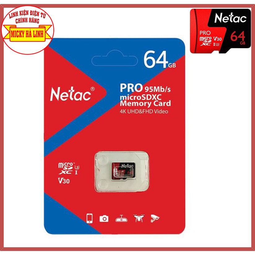 THẺ NHỚ NETAC 64GB U3 PRO MICRO TF TỐC ĐỘ CAO 98MB/S CHÍNH HÃNG