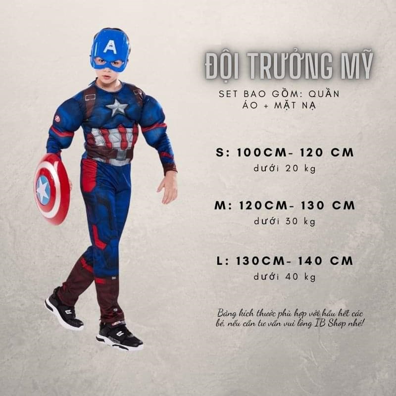 Trang phục Hoá Trang quần áo bé trai Siêu Nhân Đội Trưởng Mỹ Captain America Siêu Anh Hùng