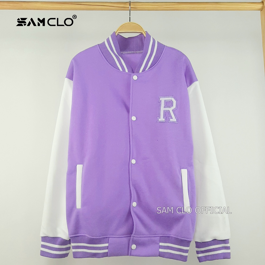 ÁO KHOÁC BOMBER nữ SAM CLO chất nỉ phong cách bóng chày cài nút form rộng unisex mặc cặp - couple LOGO thêu chữ R