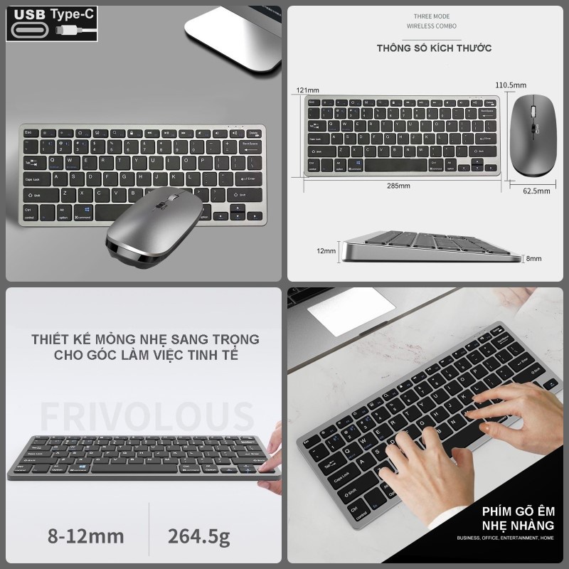 Bộ Bàn phím chuột không dây mini W616C - pin sạc Cổng TypeC - đa kết nối bluetooth 5.0 + 3.0 + Usb wireless 2.4G