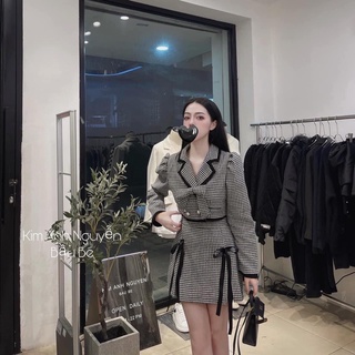 Set áo dạ cổ nơ tiểu thư mix chân váy