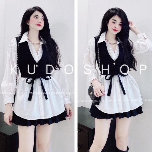 Set áo sơ mi phối gile đen có dây buộc eo/ Bộ đồ nữ dáng rộng thời trang Hàn quốc trẻ trung, năng động - kudoshop