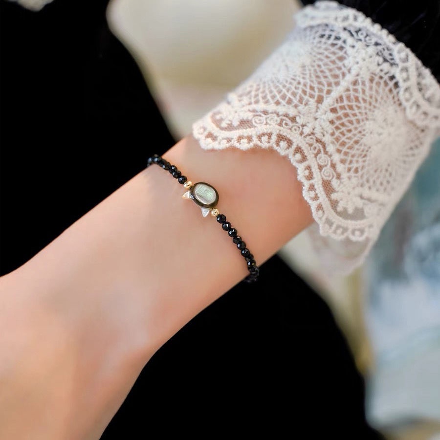 Vòng Đeo Tay Hình Mèo Đen Đính Ngọc Trai Nhân Tạo Dành Cho Nữ