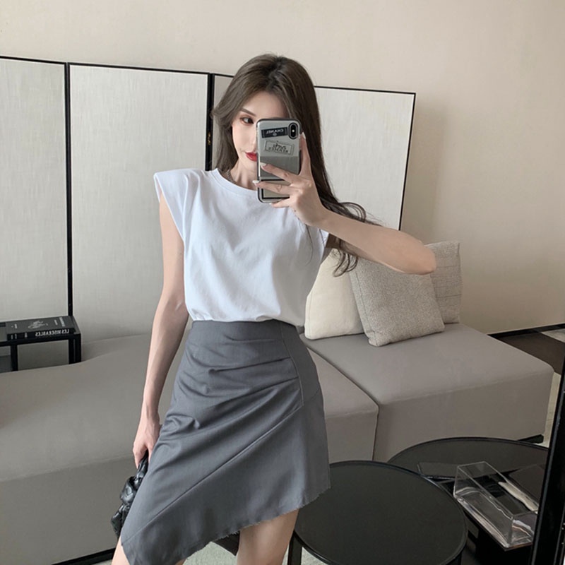 Set Áo Cotton Cao Cấp Không Tay Độn Vai Chân Váy Vạt Chéo Nhún Cạp Thời Trang Sugal TOP NU 033 + CV NU 010