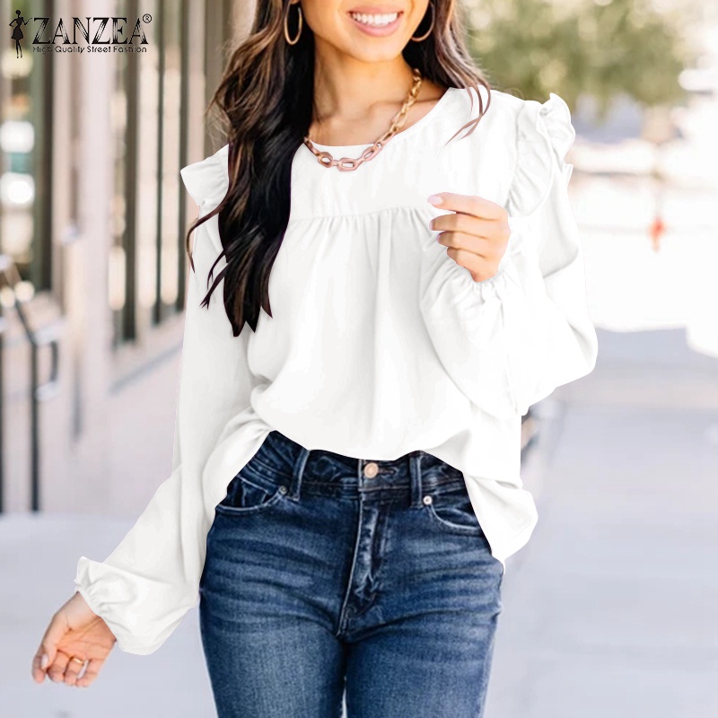 Áo kiểu ZANZEA cổ tròn tay phồng gài nút thời trang cho nữ
