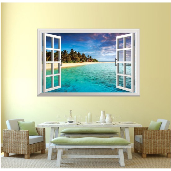 Decal trang trí khung cửa sổ 3D cảnh biển cát trắng