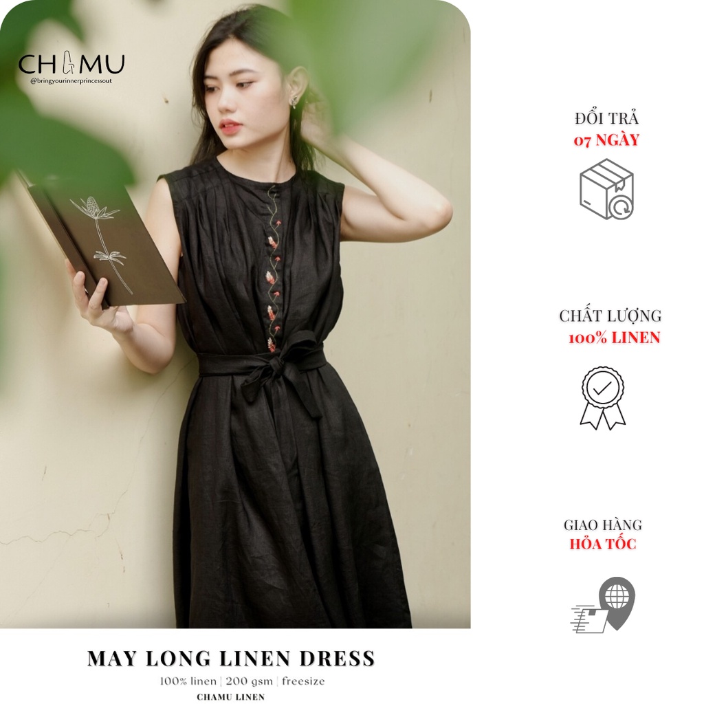Đầm linen 100% dáng maxi xếp li vai | MAY dress | CHAMULINEN