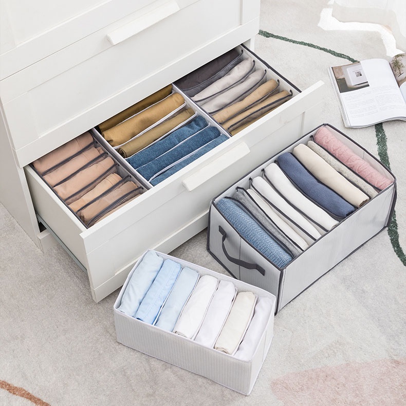 7/9 Tủ sắp xếp quần áo ， Hộp đựng quần áo có ngăn, Hộp đựng đồ lót, Hộp đựng đồ gấp, Vớ / quần-Hộp vải đựng quần áo chia ngăn, khay đựng đồ lót, tất vớ,có nắp gấp gọn tiện lợi hàng