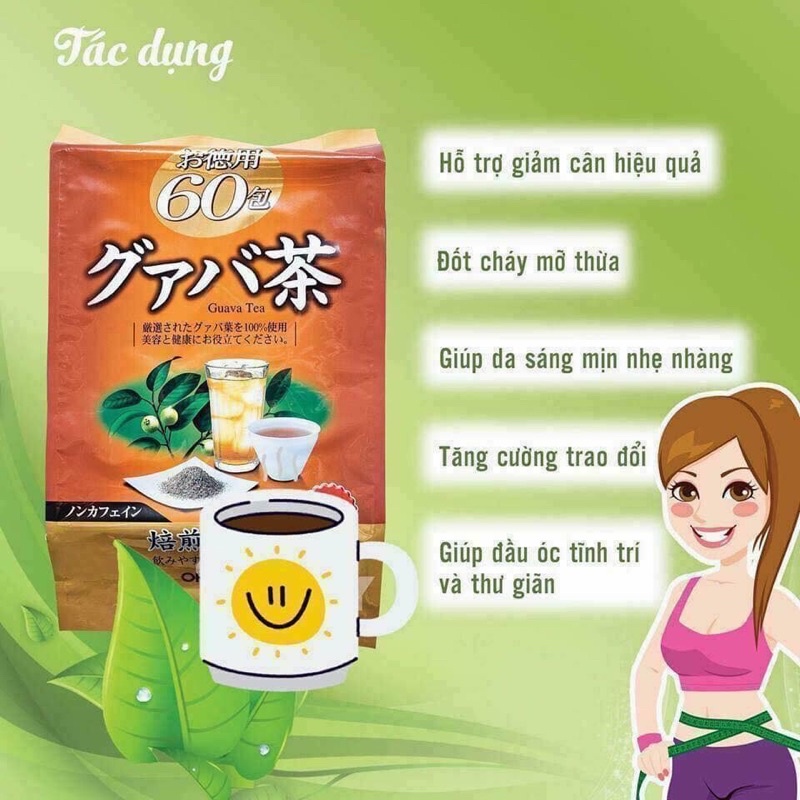Trà lá ổi giảm cân, Trà ổi Orihiro Nhật Bản túi 60 gói hỗ trợ giảm mỡ thừa