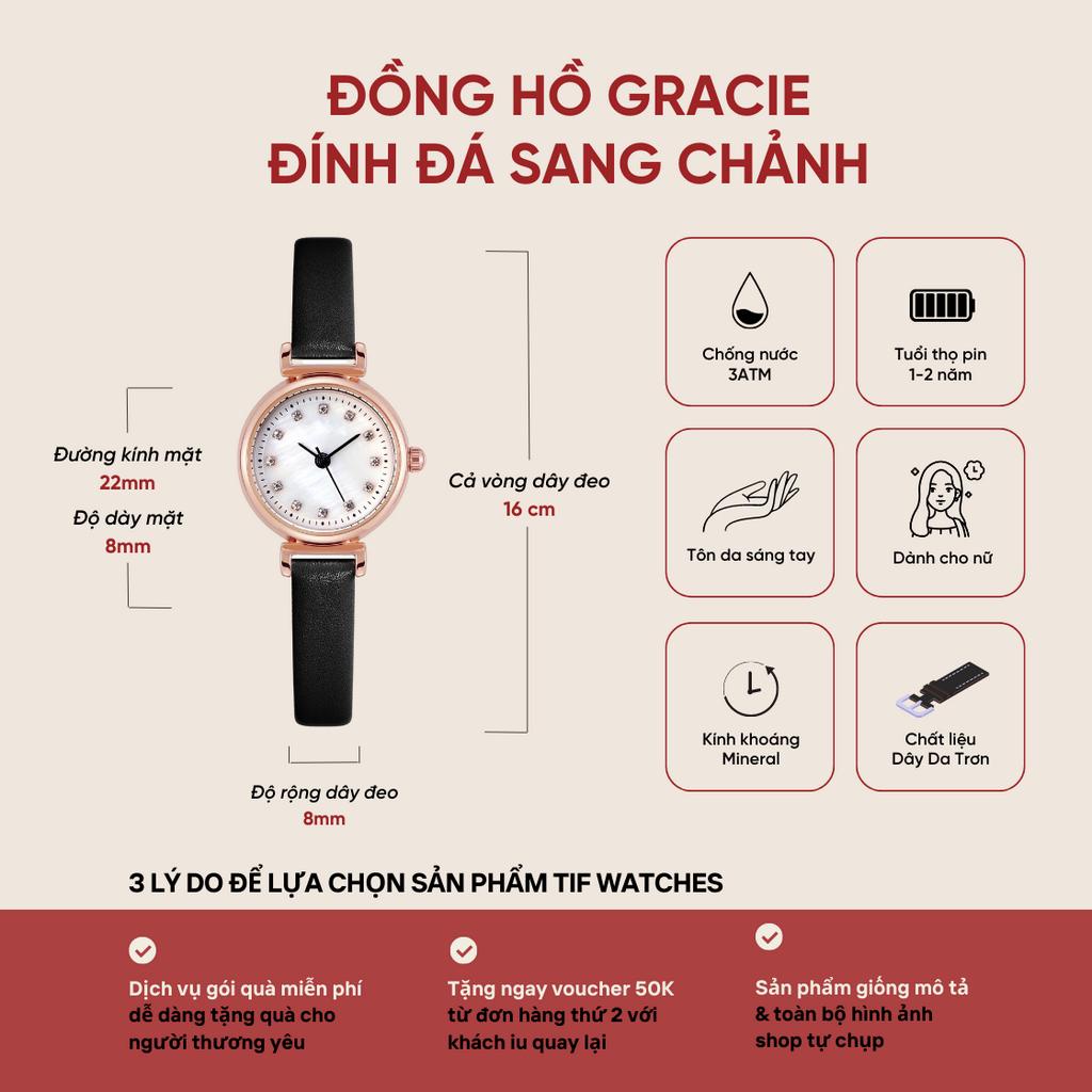 Đồng Hồ Dây Da Nữ Siêu Nhỏ GRACIE Tif Watches Mặt Đá Lấp Lánh Sang Trọng Sáng Da Chống Nước Tốt