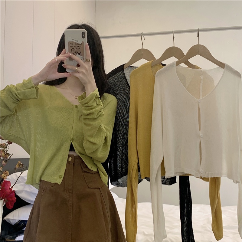 Áo Cardigan Dệt Kim Tay Dài Cổ Chữ v Màu Trơn 51714