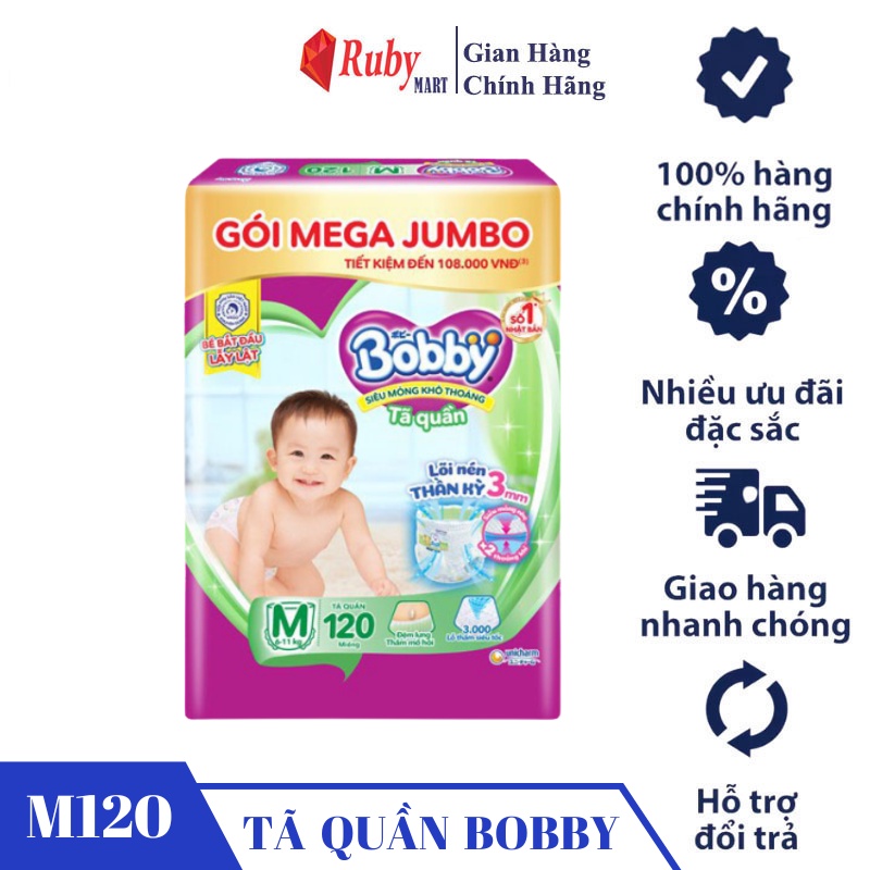 Tã quần Bobby mới Mega Jumbo M120 / XL92 / XXL84