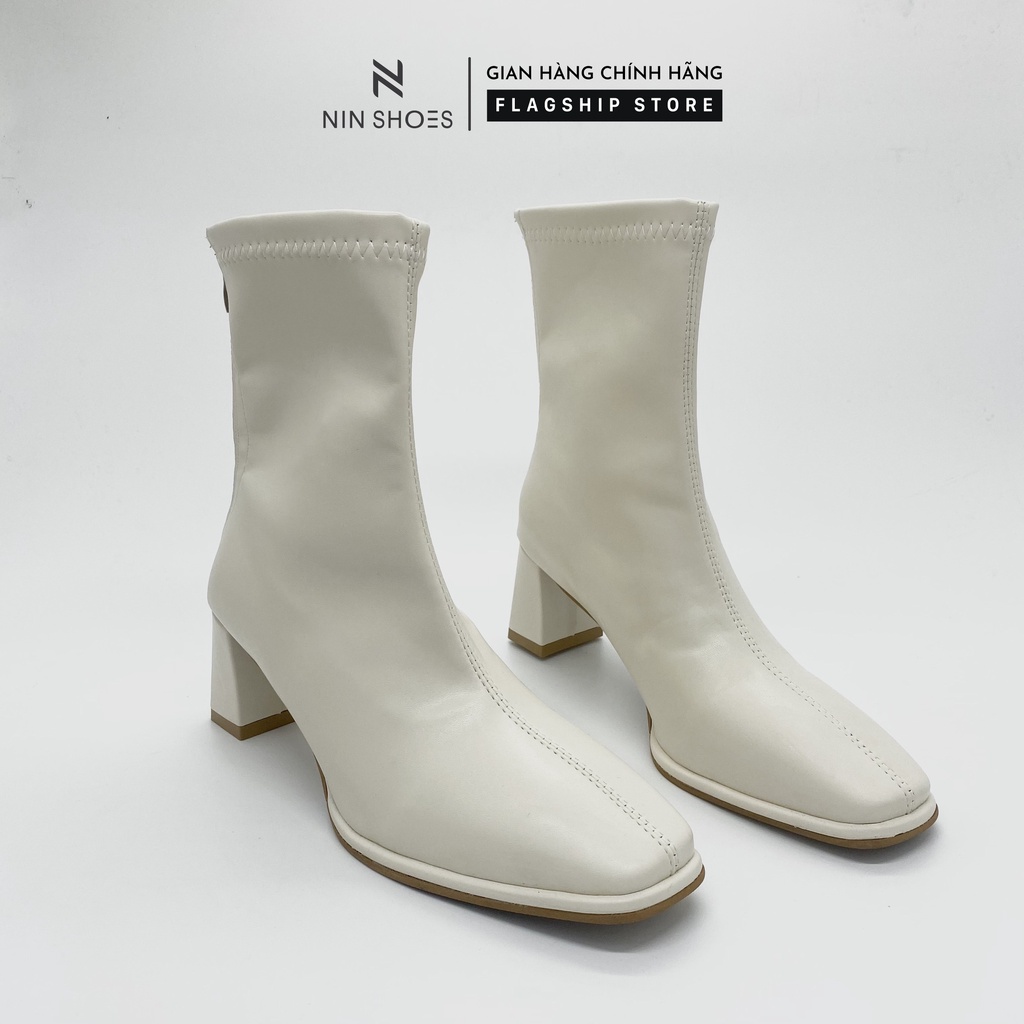 Giày boot nữ 7p gót vuông kéo khoa sau da si trơn Ninshoes | BigBuy360 - bigbuy360.vn