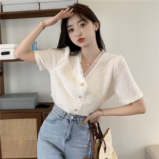 Áo sơ mi nữ cổ chữ v phối ren 51165