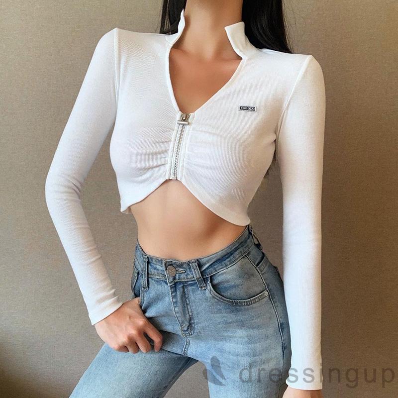 Áo Croptop Nữ Tay Dài Có Dây Kéo Cá Tính Quyến Rũ | BigBuy360 - bigbuy360.vn
