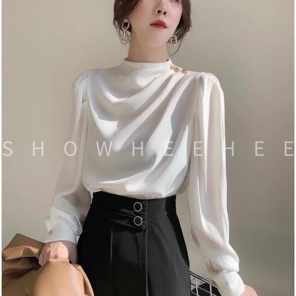 Áo lụa tay bồng xếp ly vai đính cúc dài tay