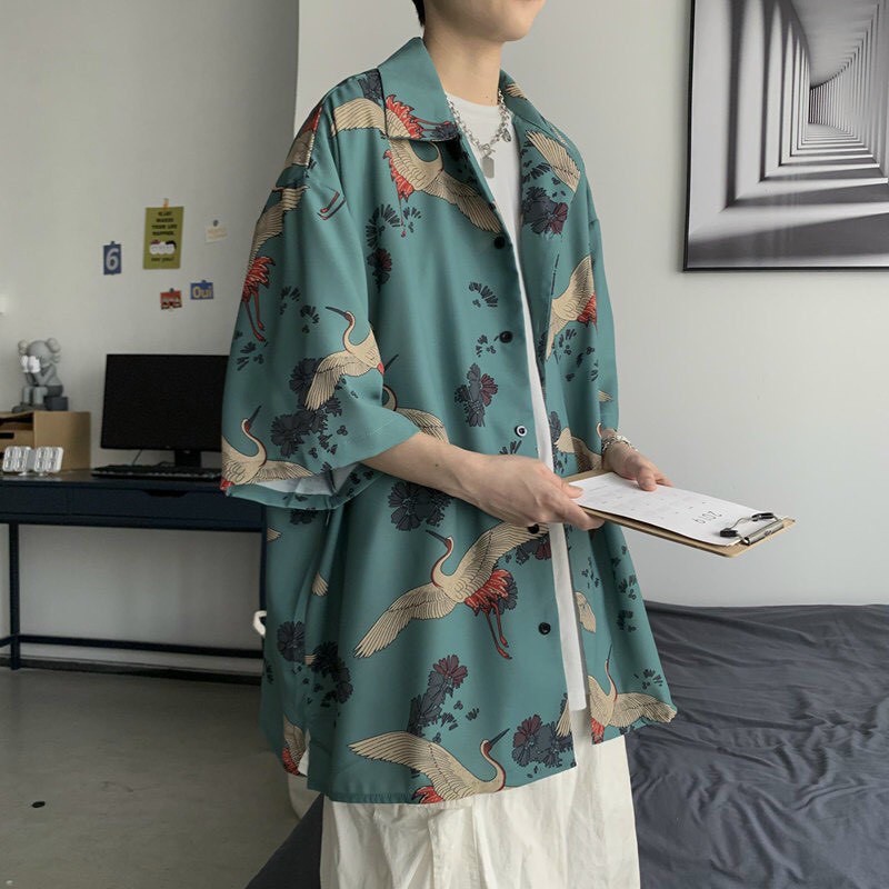 Áo sơ mi nam ngắn tay form rộng cực hot hình hình hạt phong cách Hàn Quốc