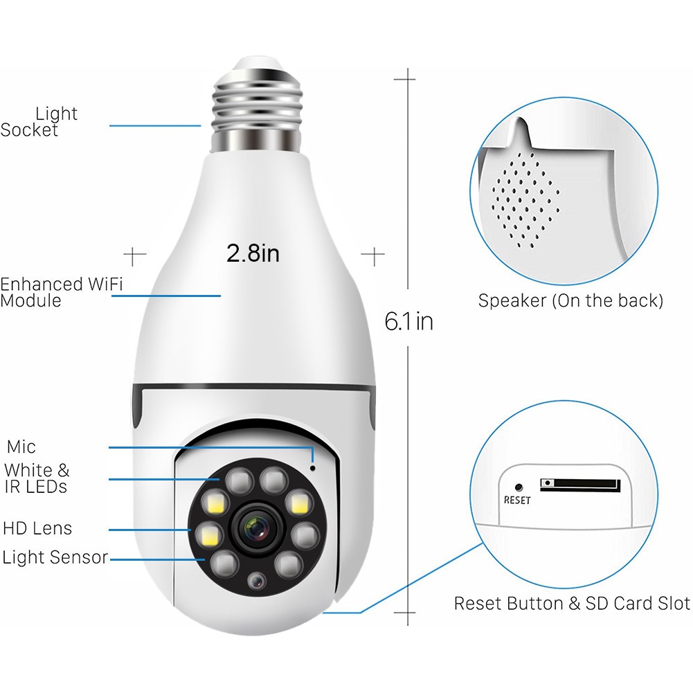 Camera hình bóng đèn kết nối wifi không dây YIIOT PTZ IP 1080P xoay tự động 360 độ theo dõi từ xa 2022