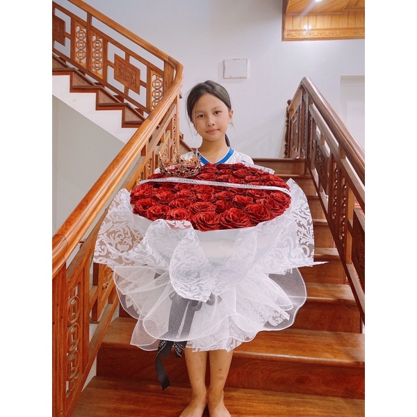 [Quà Tặng] Bó Hoa Nhũ 50 Bông Kèm Vương Miện,Đèn