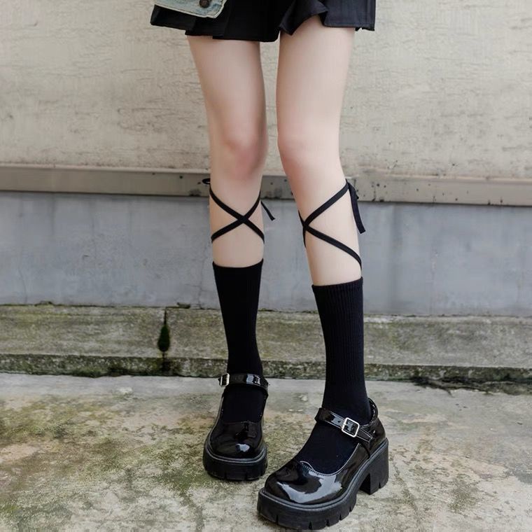 Tất Ống Dài Mềm Mại Cột Dây Màu Trắng Đen Phong Cách Nhật Bản Cho Nữ