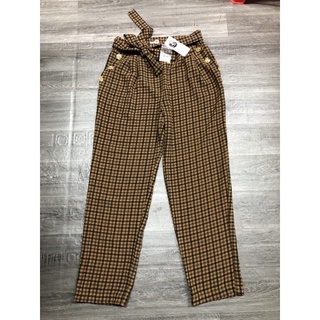 Quần Linen E&M Nâu Sọc Cam Nút 2 Bên Có Dây Thắt Eo - 2223