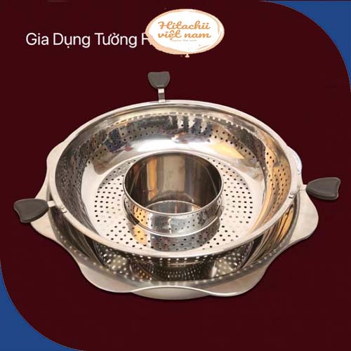 Nồi lẩu inox xoay 2 tầng Hàn Quốc, Nồi lẩu đa năng 2 ngăn dùng được bếp từ và bếp gas, Xoong inox 304 ăn lẩu