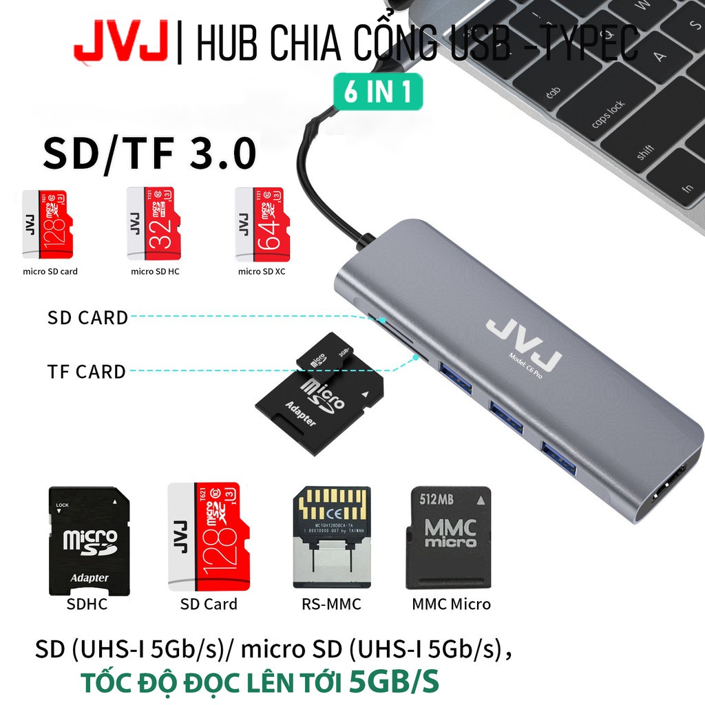 Hub type C USB C6 JVJ 6 trong 1 đa năng cổng chuyển đổi chia cổng USB 3.0 tốc độ 500Mb/s SD, TF, 4K,HDMI cho MacBook lap