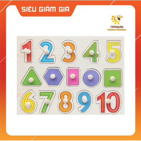 Bảng núm số và hình khối bằng gỗ - Bảng giúp bé nhận biết chữ số và hình khác nhau - Tamankids