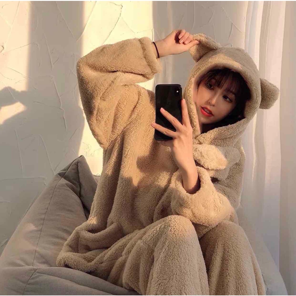 Bộ đồ ngủ mùa đông lông cừu tai thỏ giữ nhiệt tốt cài cổ, nhung bông mềm mịn bộ lông cho nữ siêu ấm, mặc nhà freesize