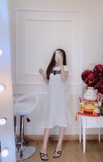 VÁY BẦU THỜI TRANG dáng suông chấm bi công sở chất lụa hàn