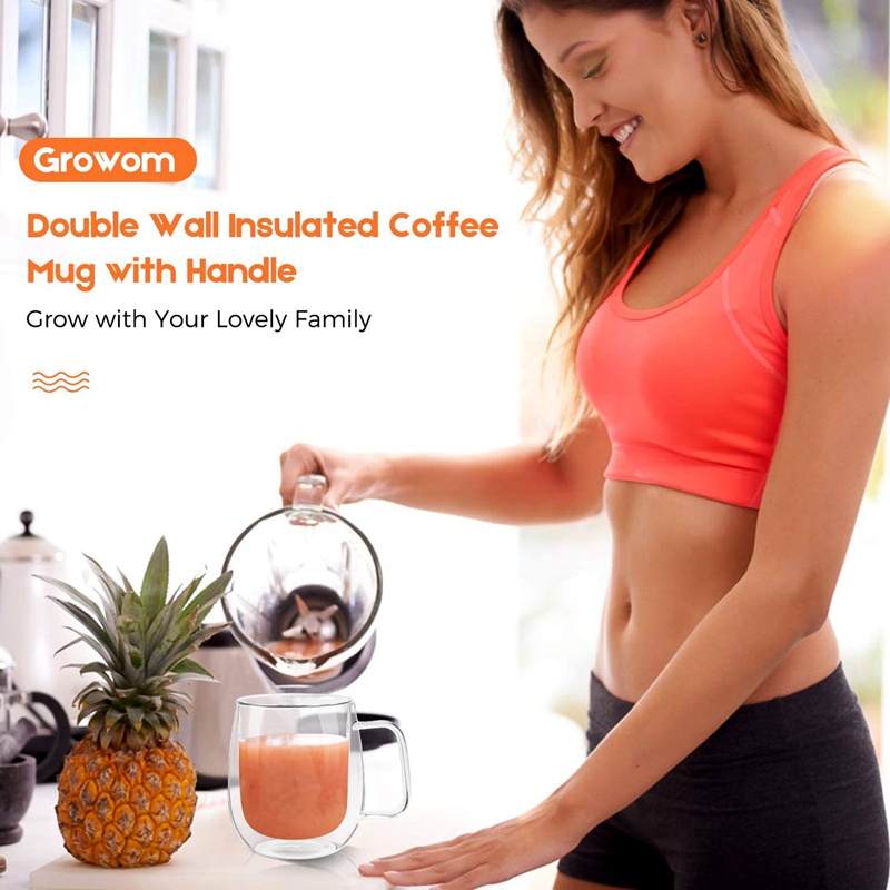 Cốc cà phê thủy tinh đôi vách Bộ tách trà 2 , cách nhiệt và không ngưng tụ với tay cầm rộng (300ML)