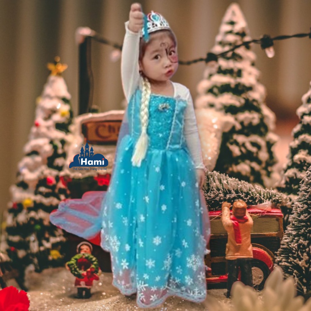 Váy elsa dài tay cho bé gái dáng dài, ngực đính kim sa, váy đính hoa tuyết trắng kèm tà rời, ảnh thật