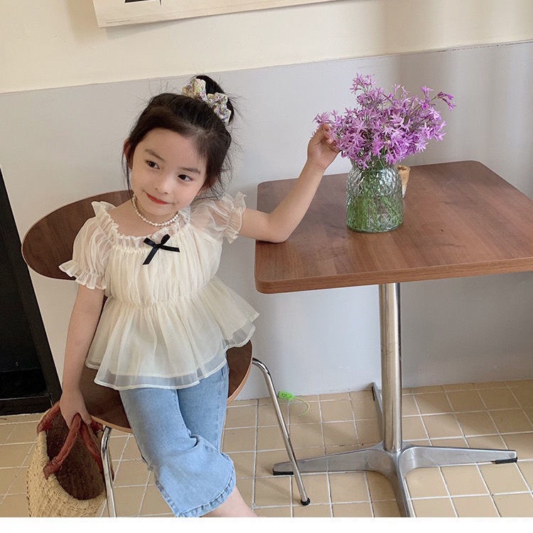 Áo Kiểu Tay Ngắn Phồng Hở Vai Phong Cách Phương Tây Dành Cho Bé Gái