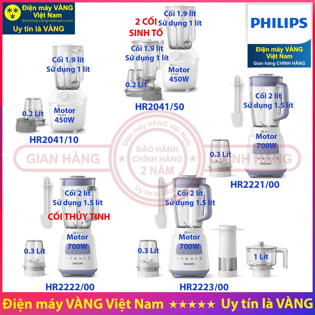 Máy xay sinh tố Philips HR2041 HR2221 HR2222 HR2223 - Hàng chính hãng (Bảo hành 2 năm trên toàn quốc)