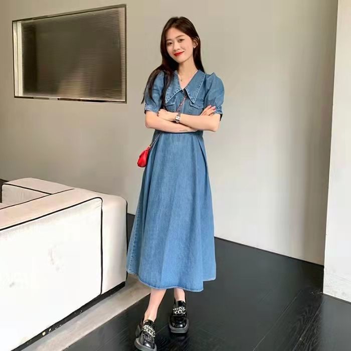 COZOK Đầm denim COZOK tay ngắn phong cách cổ điển cá tính thời trang