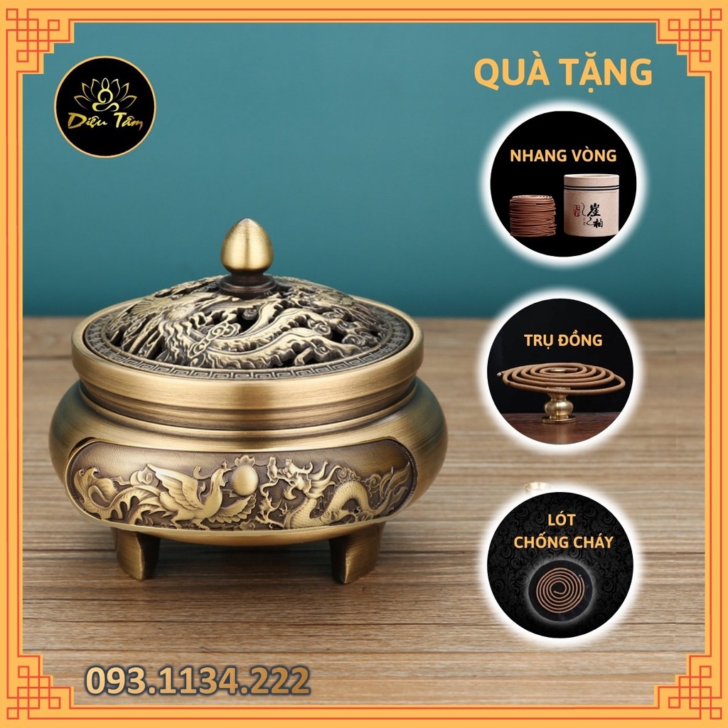 Lư xông trầm hương bằng đồng nguyên chất khắc rồng phượng tặng nhang vòng/ trầm nụ/ trụ cắm