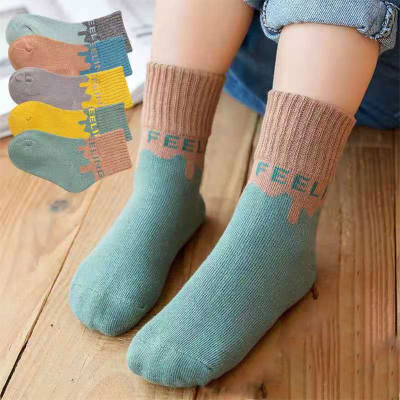 Set 5 Đôi Tất Cotton Ấm Áp Màu Sắc Tương Phản In Chữ Thời Trang Mùa Đông Cho Bé