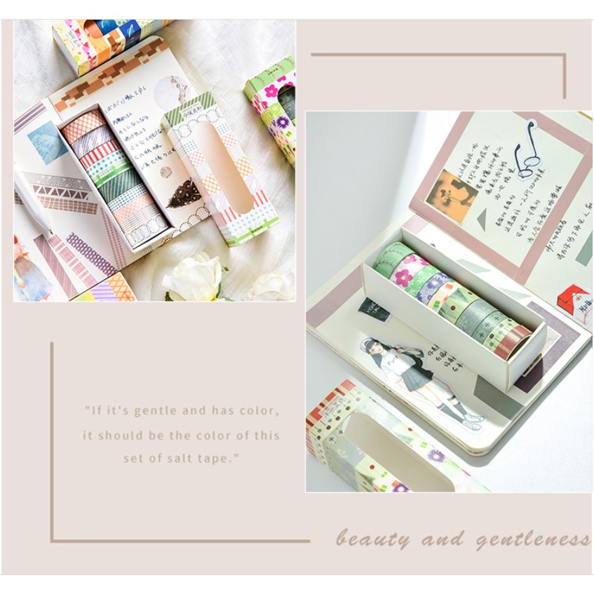 Washi tape hộp 10 cuộn băng dính họa tiết màu cơ bản  trang trí sổ tay butllet journal, album