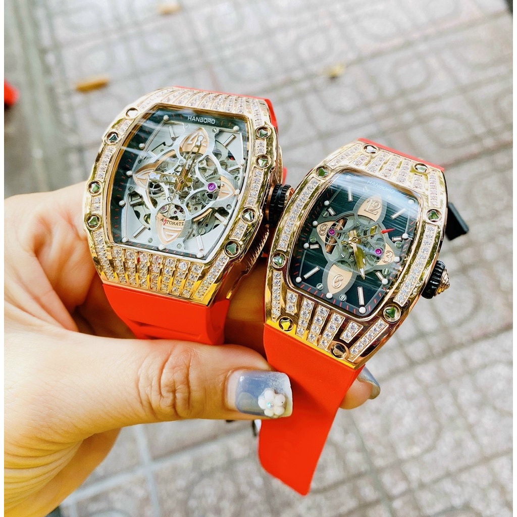 Cặp Đôi - Đồng Hồ Nam Nữ Hanboro Nam Máy Automatic, Nữ Máy Pin , Dây Cao Su , Size 36mm/48mm FULLBOX