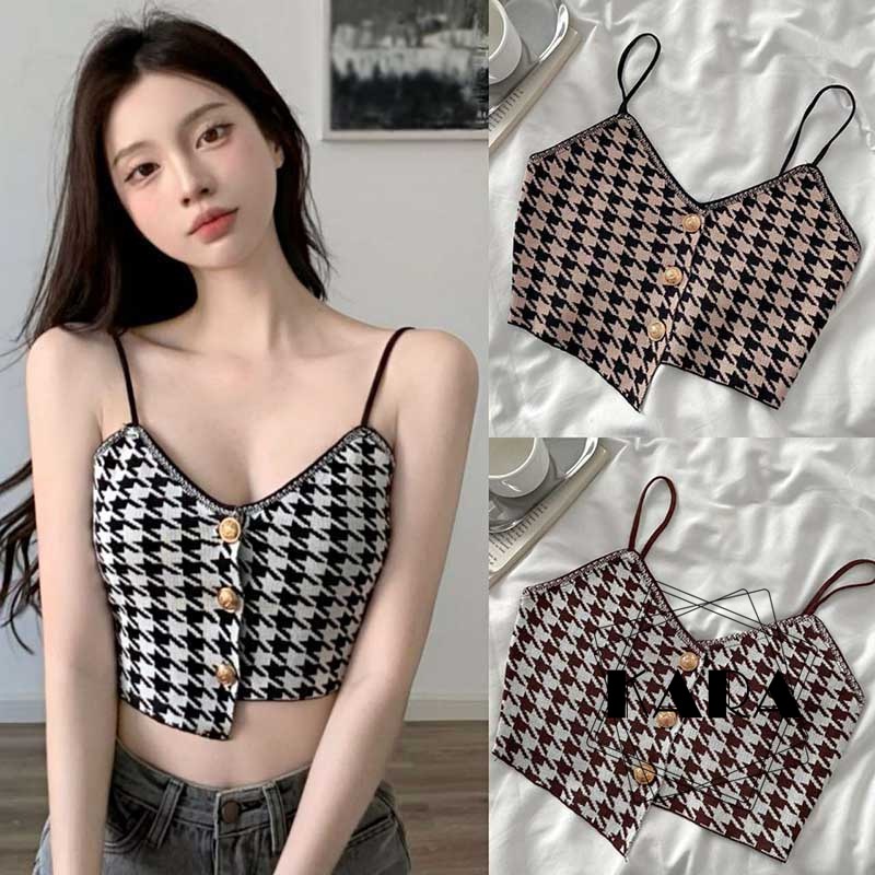 Áo Croptop Dệt Kim Hai Dây Họa Tiết Sọc Caro Thời Trang Cho Nữ