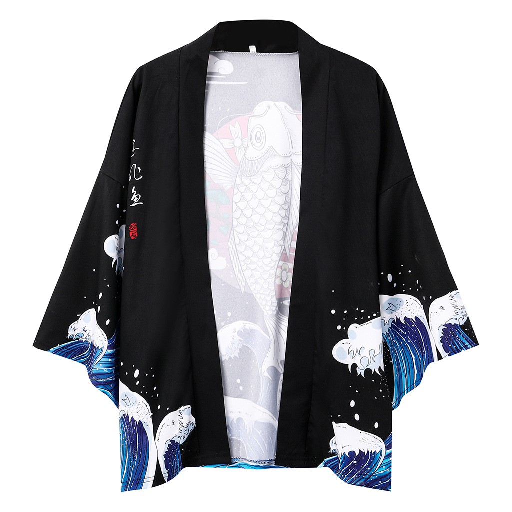 Áo Khoác Kimono In Hình Cá Bay Màu Đen Phong Cách Nhật Bản Cho Cặp Đôi